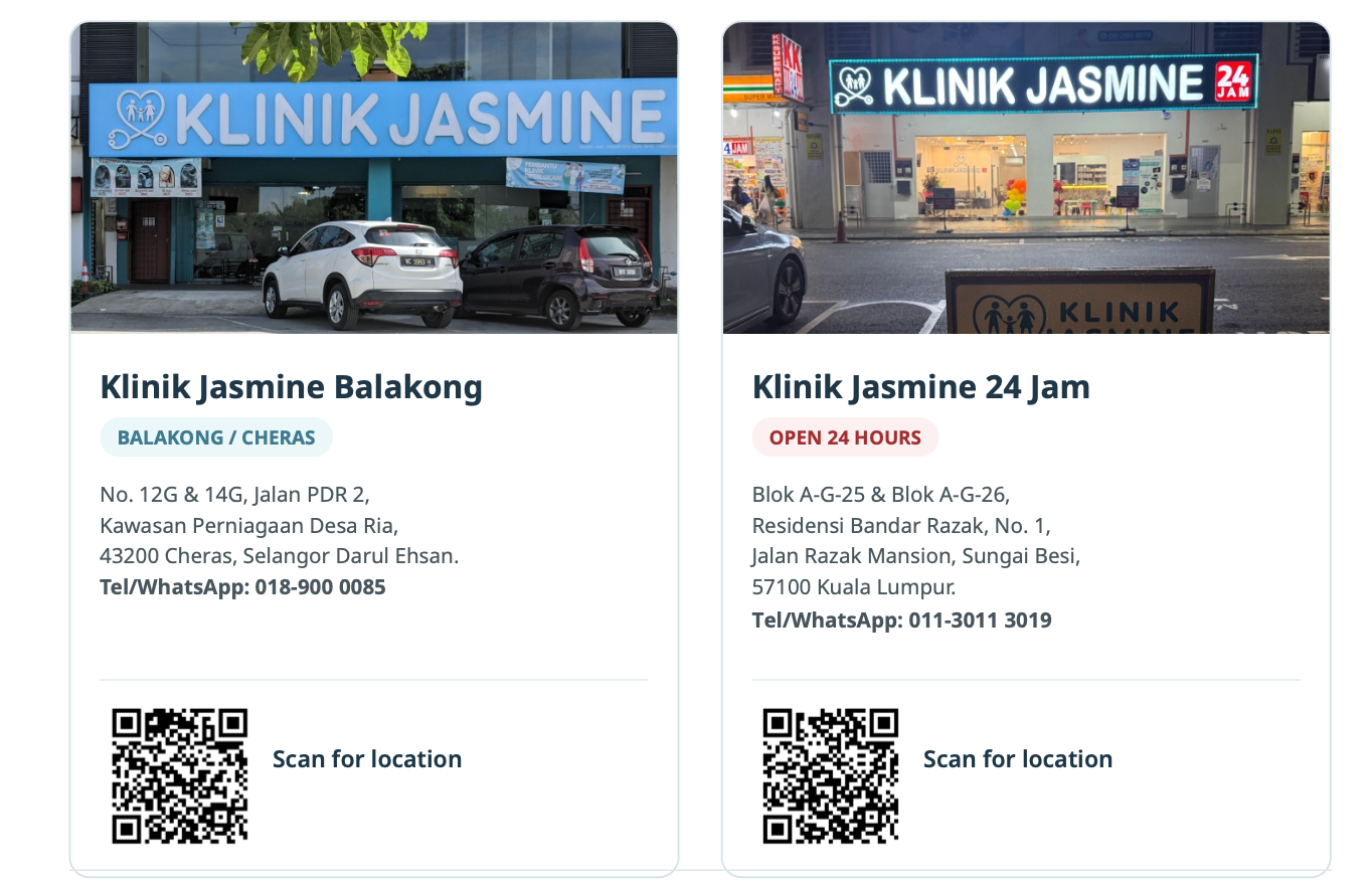Klinik Jasmine contact details for Balakong and Sungai Besi branches with location QR codes