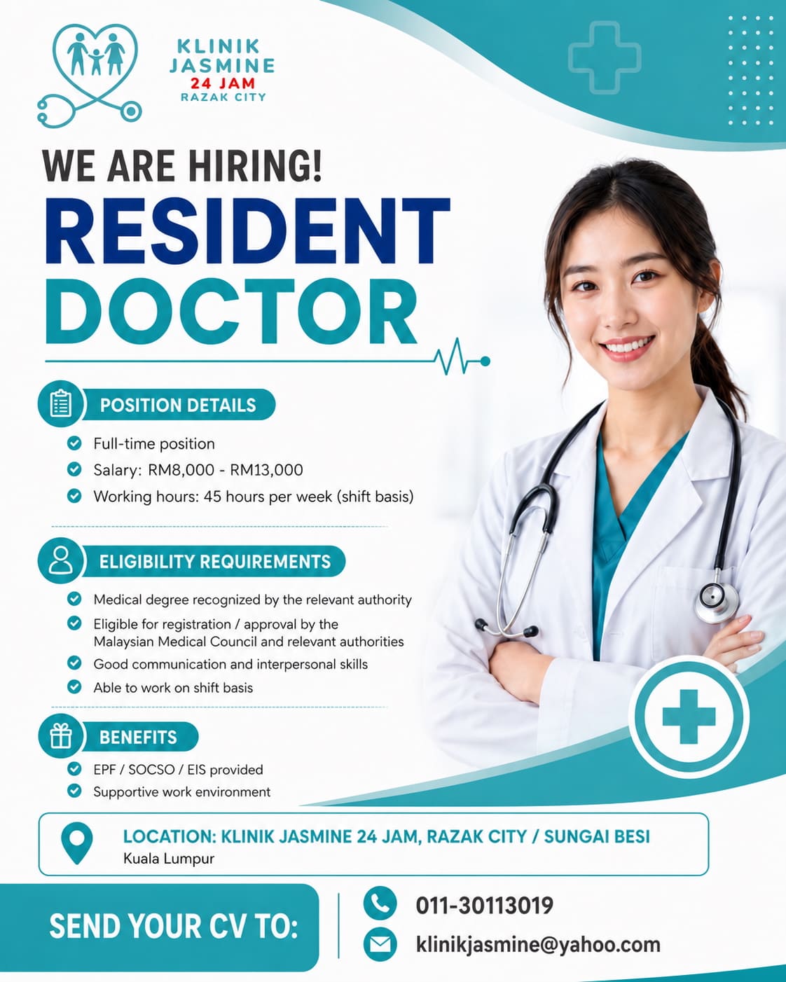 Klinik Jasmine Resident Doctor recruitment poster